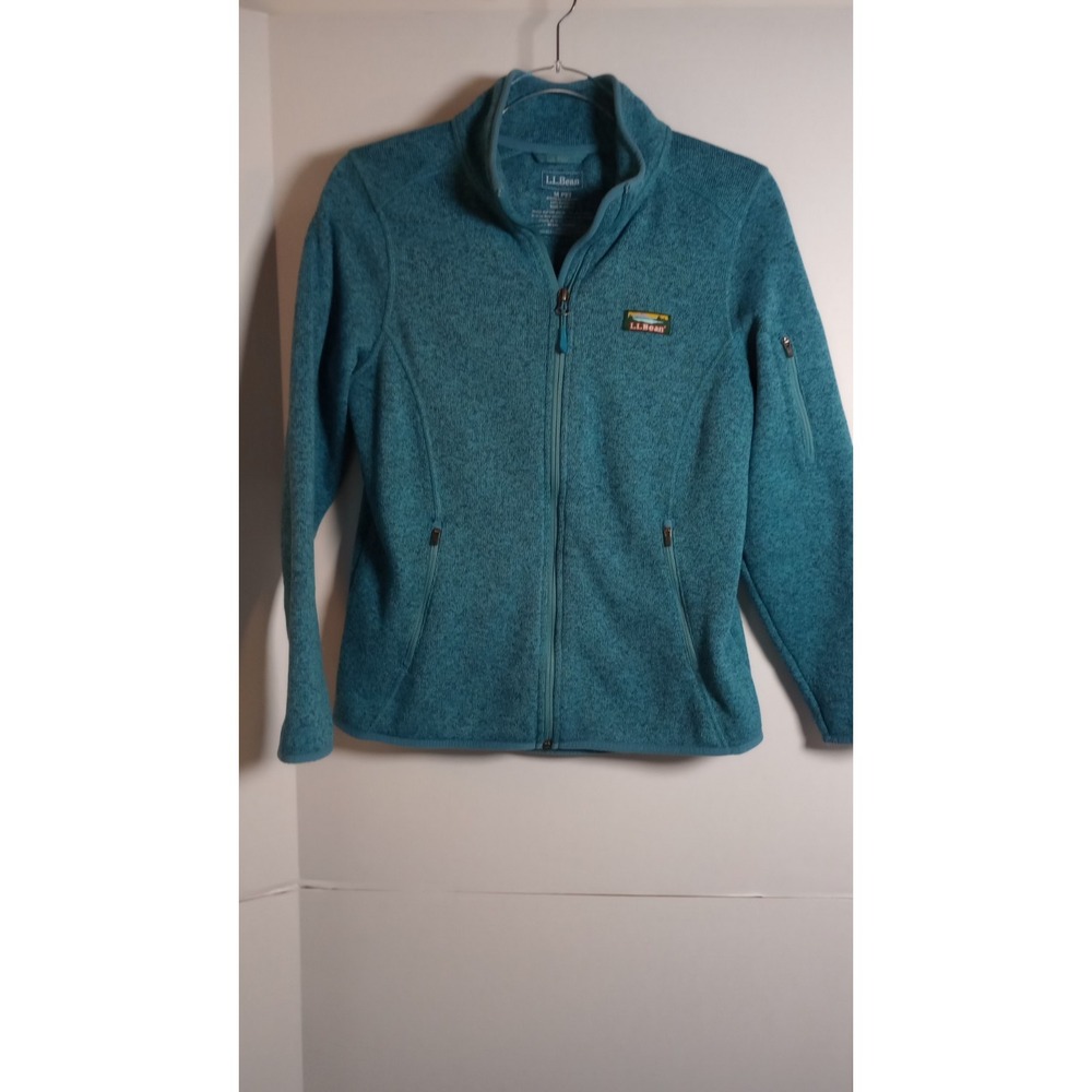 L.L. Bean Full Zip Sweater Womens M Petite Blue Mock Neck Long Sleeve Pockets